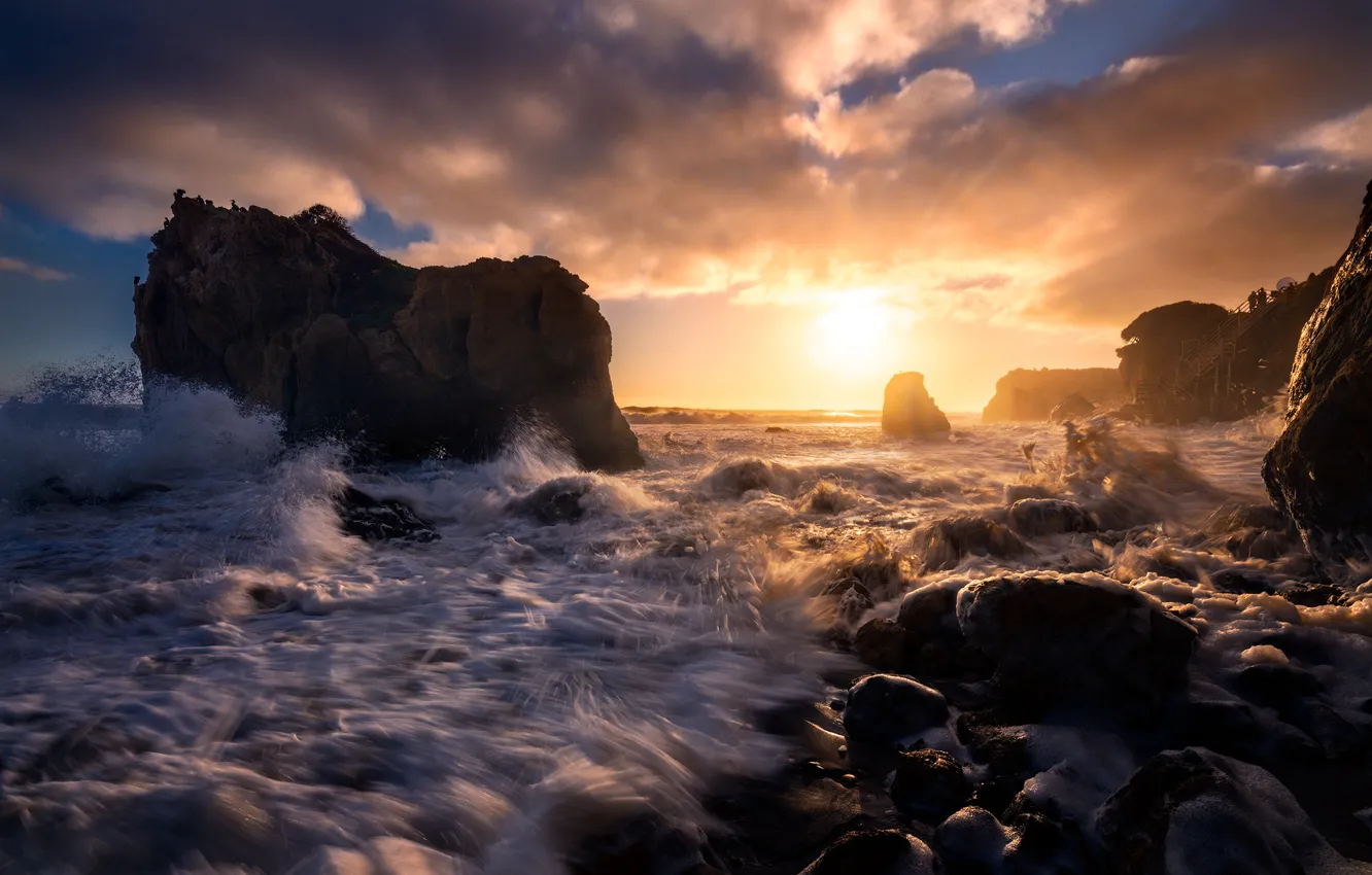 Photo wallpaper sea, wave, sunset, stones, rocks