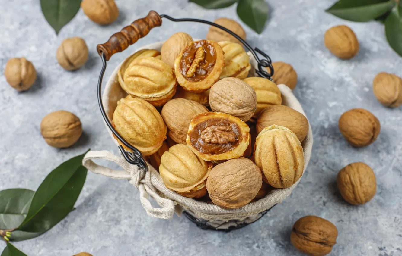 Photo wallpaper leaves, cookies, nuts, placer, basket, dessert, cakes, nuts