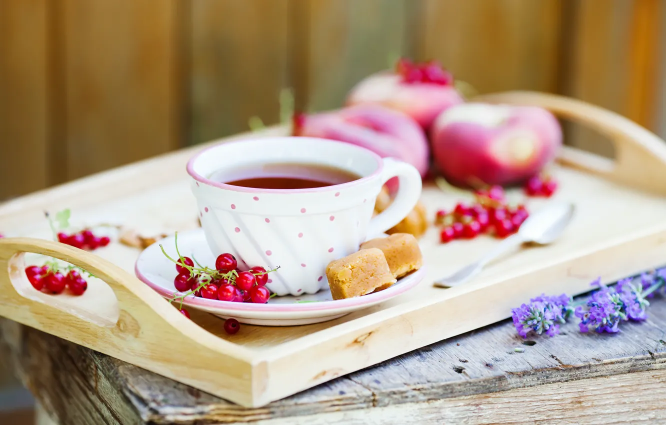 Photo wallpaper tea, red, cake, fruit, red, peaches, cake, currants