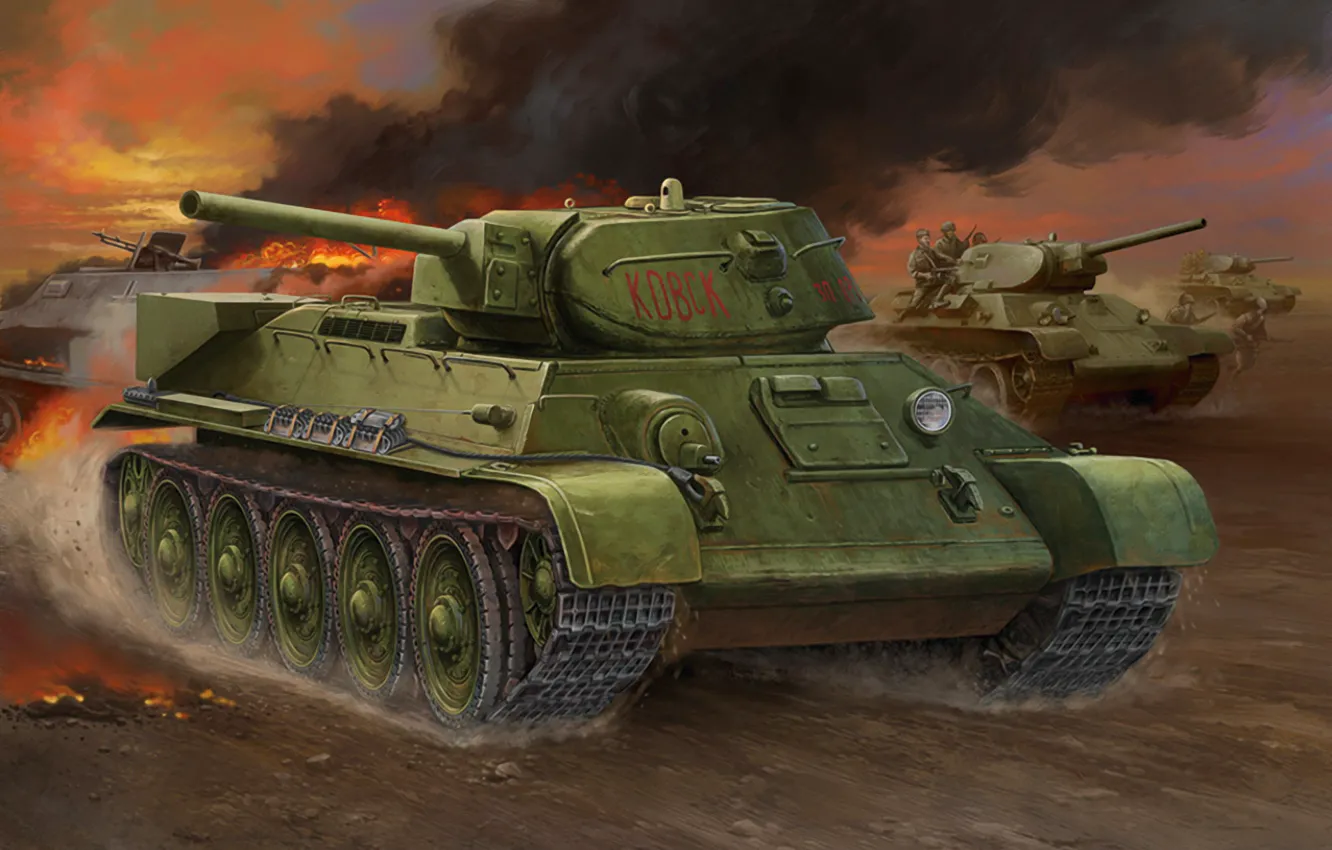 Photo wallpaper war, art, painting, tank, WW2, T-34-1942