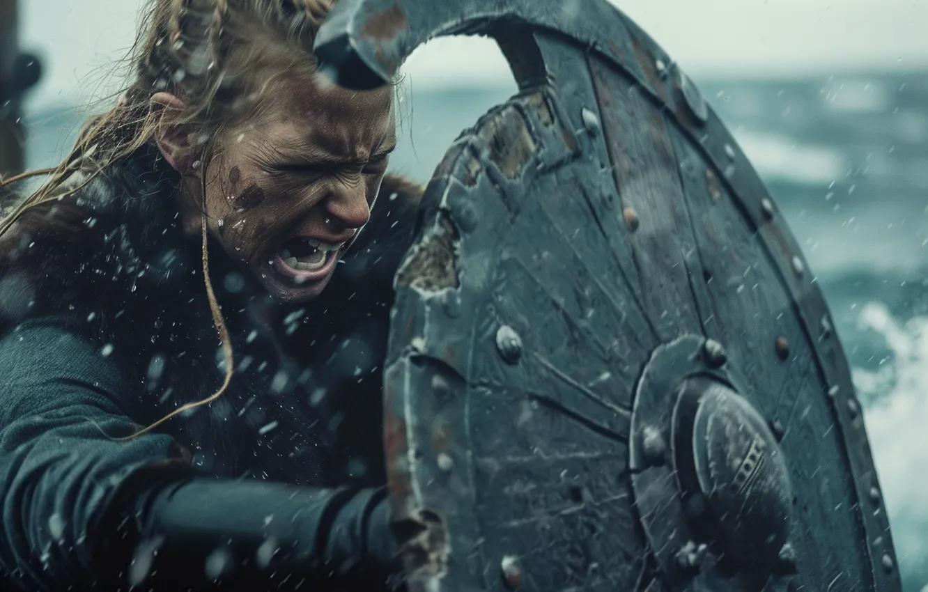 Photo wallpaper winter, girl, snow, shield, warrior, closeup, digital art, The Vikings