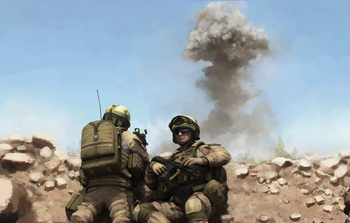 Photo wallpaper sand, the explosion, stones, weapons, war, soldiers
