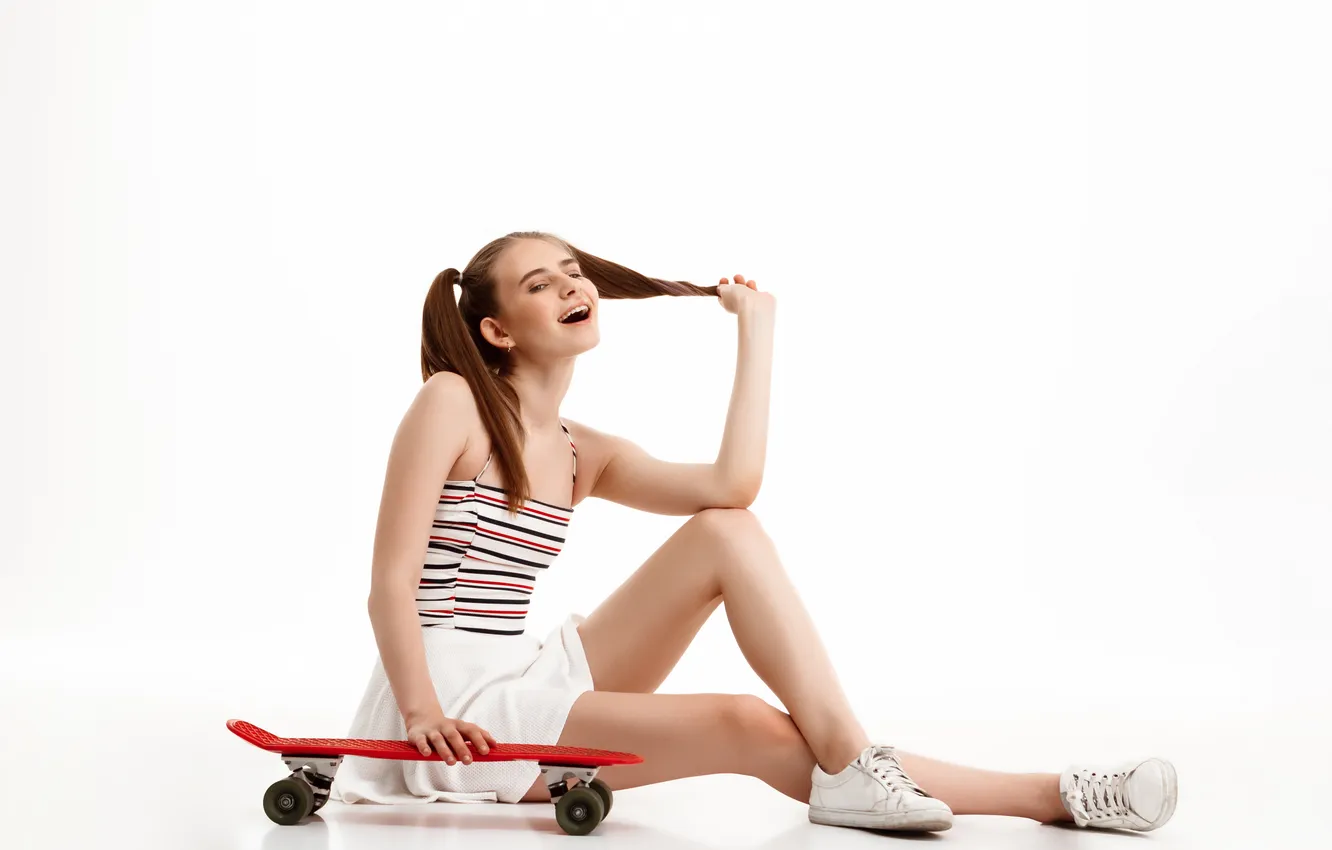 Photo wallpaper girl, white, young, pretty, skateboard, posing
