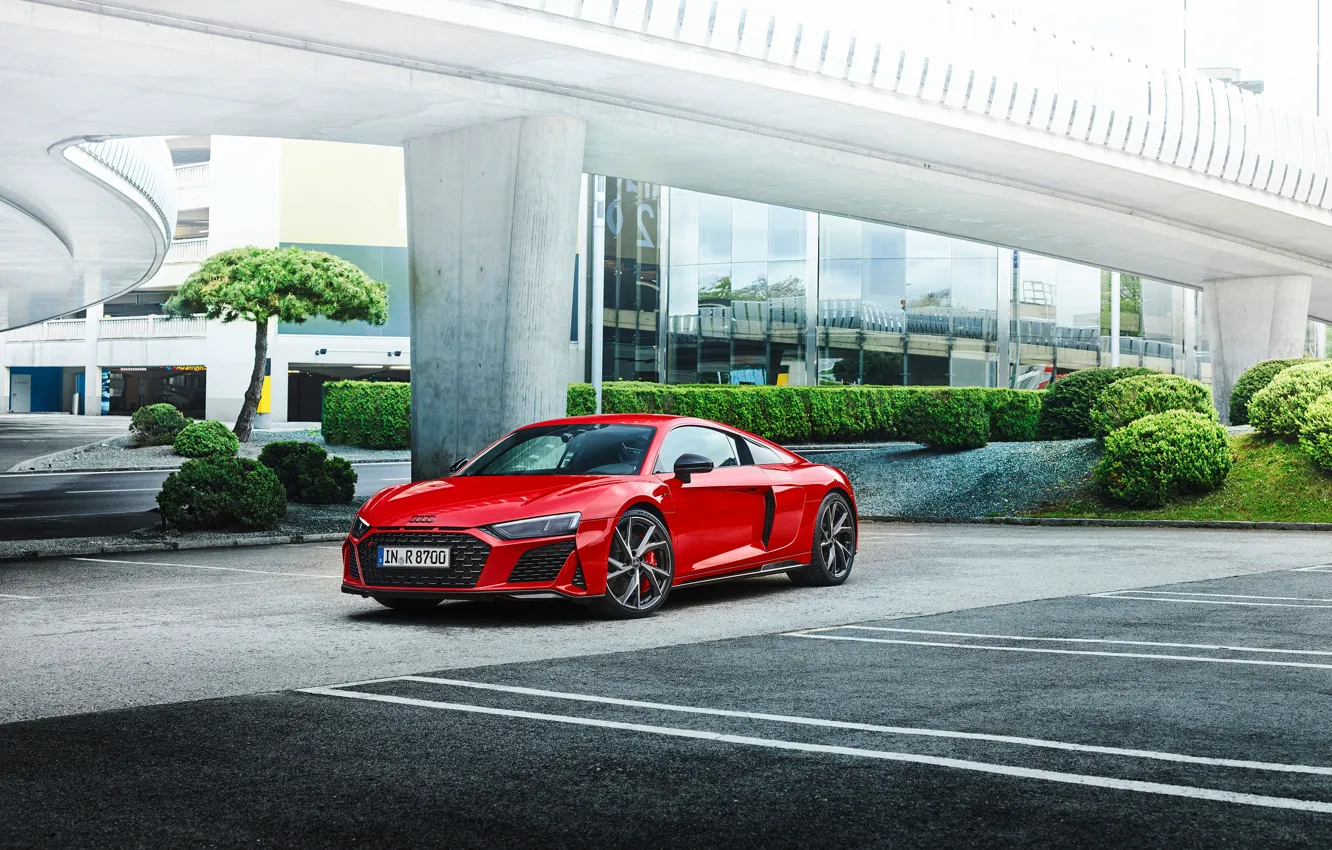 Photo wallpaper road, auto, red, Audi, the building, performance, R8 V10