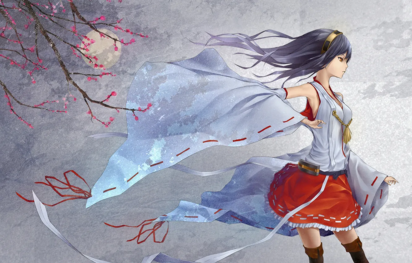 Photo wallpaper girl, flowers, background, the wind, branch, Sakura, art, sleeves