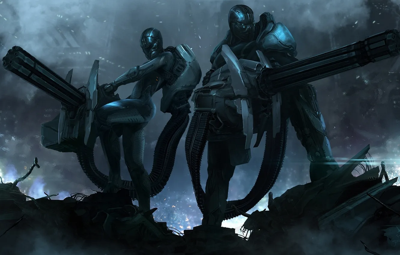 Photo wallpaper the wreckage, girl, metal, weapons, art, pair, costume, armor