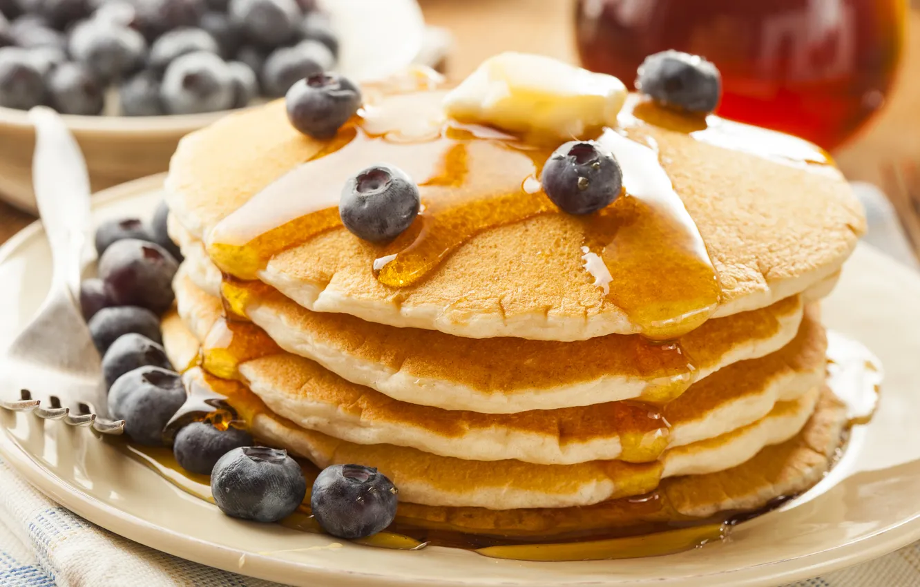 Photo wallpaper berries, food, blueberries, honey, plate, pancakes, pancakes