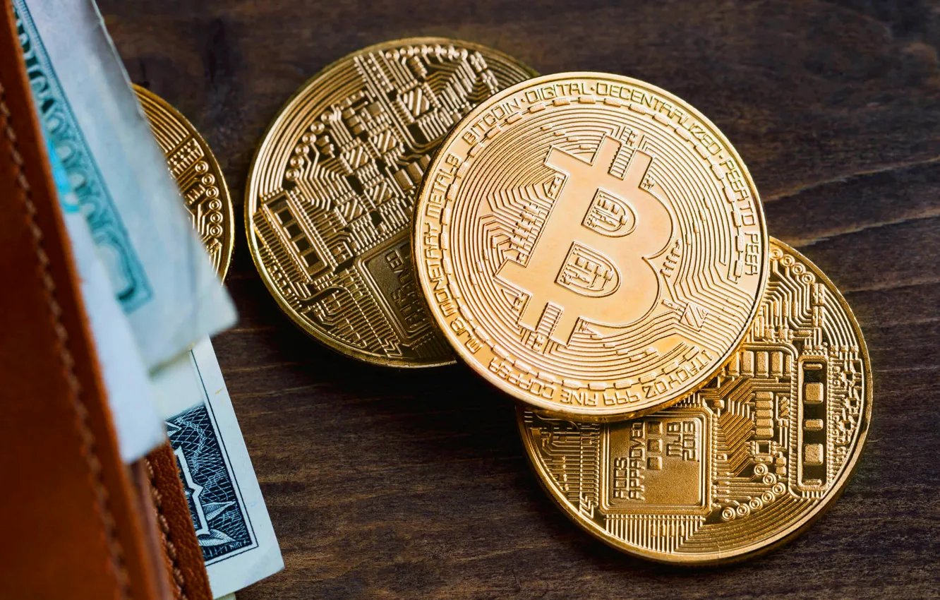 Photo wallpaper table, gold, bills, table, wallet, bitcoin, bitcoin, btc