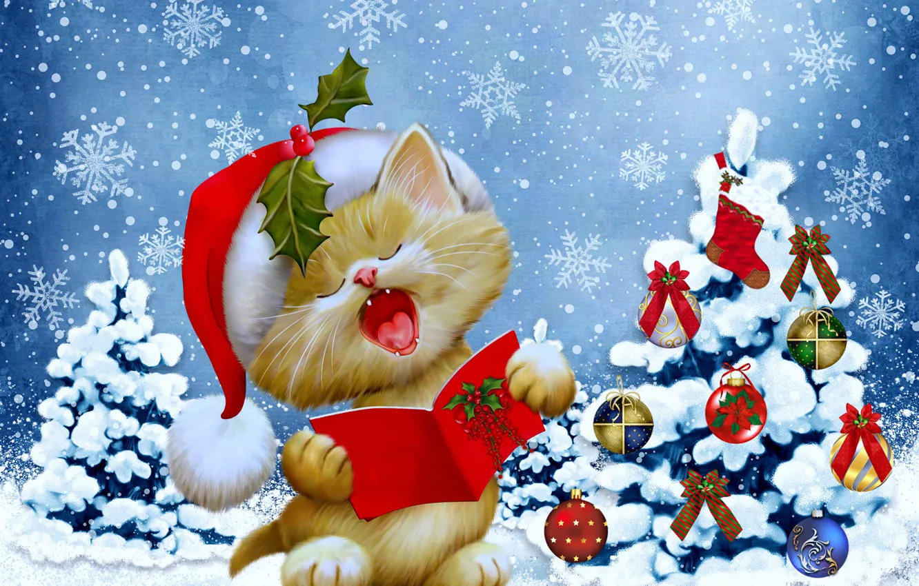 Photo wallpaper winter, cat, snowflakes, tree, New Year, Christmas, Christmas, winter