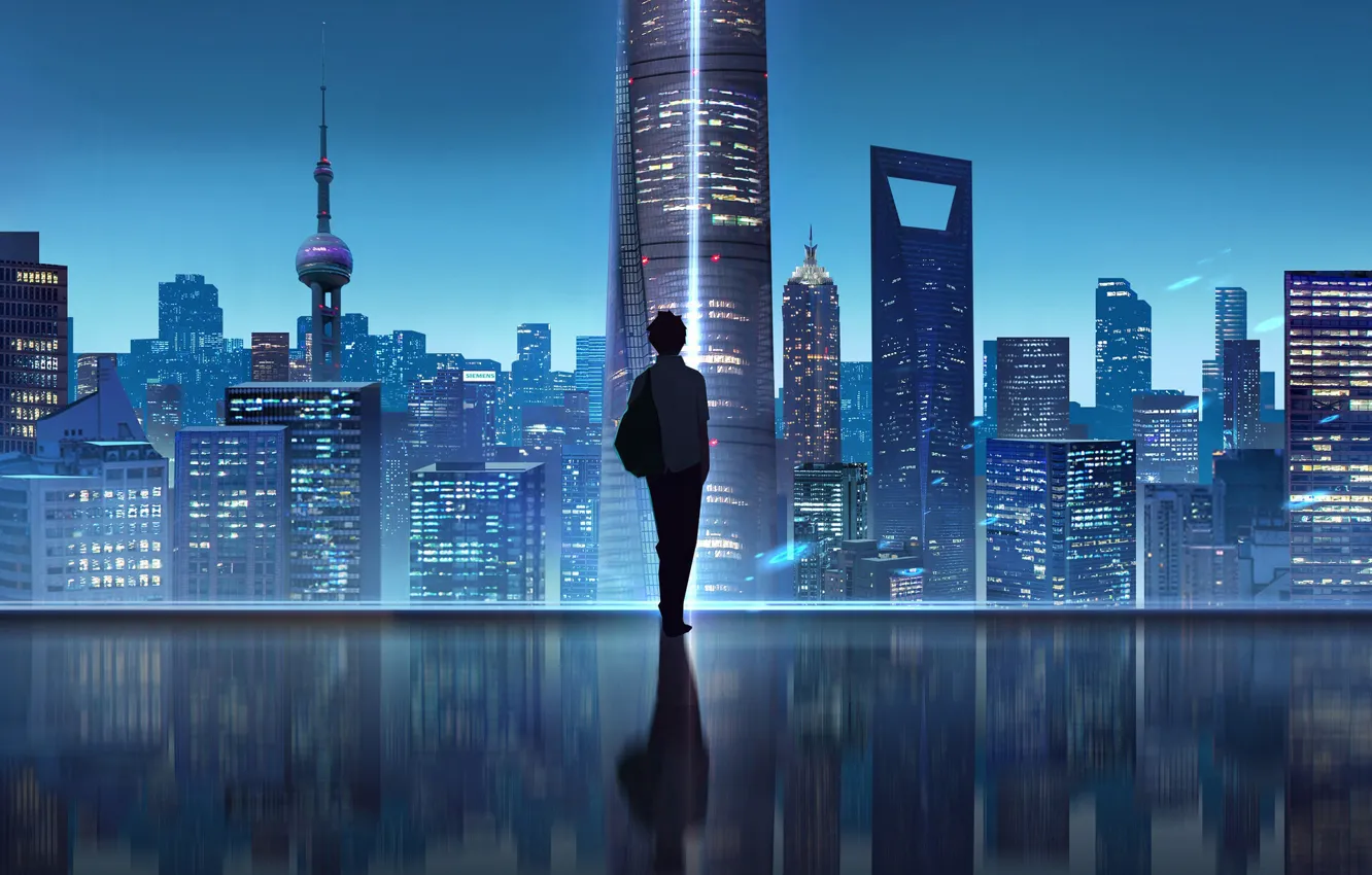 Photo wallpaper city, China, Shanghai, night, art, man, architecture, skyscrapers
