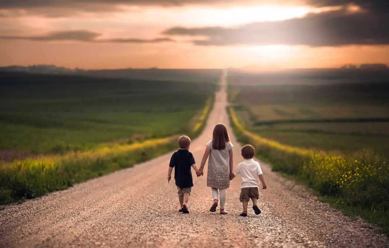 Photo wallpaper road, children, the way, space, girl, boys