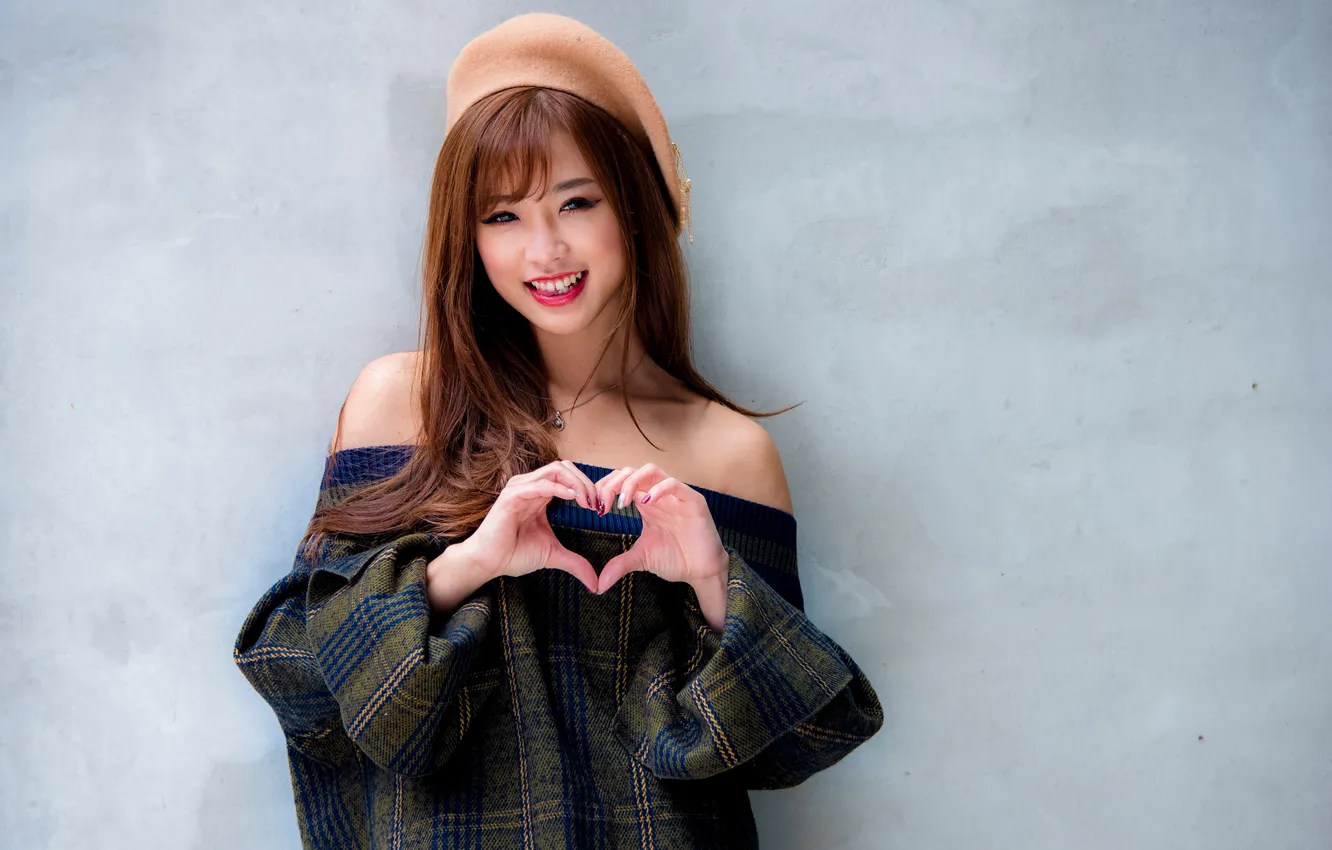 Photo wallpaper girl, smile, hearts, Asian, takes