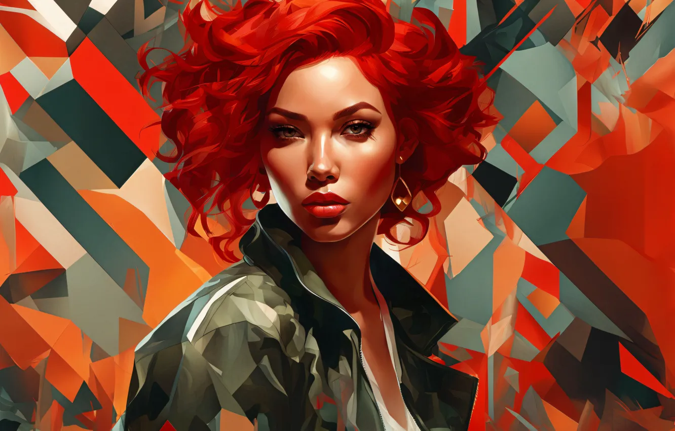 Photo wallpaper Girl, Look, Hair, Red, Digital art, AI art, The Art of Artificial Intelligence, Neural network