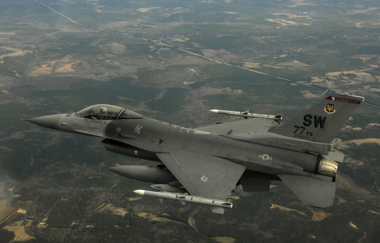 Photo wallpaper flight, missiles, bombs, Fighting Falcon, U.S. Air Force, F-16CJ, Shawe Air Force Base