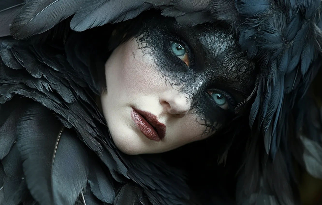 Photo wallpaper crows, neural network, portrait, feathers, blue eyes, in black, makeup, AI art