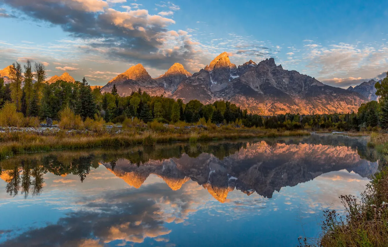 Photo wallpaper forest, the sky, mountains, nature, lake, river