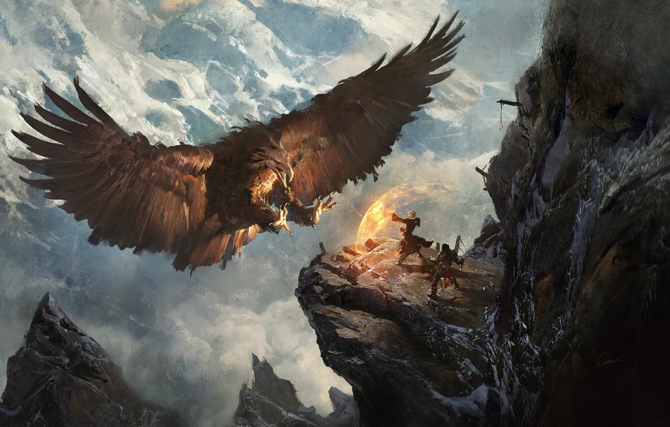 Photo wallpaper mountains, the situation, eagle, fantasy, heroes, Greg Rutkowski, Secret Pass - Eagle Nest