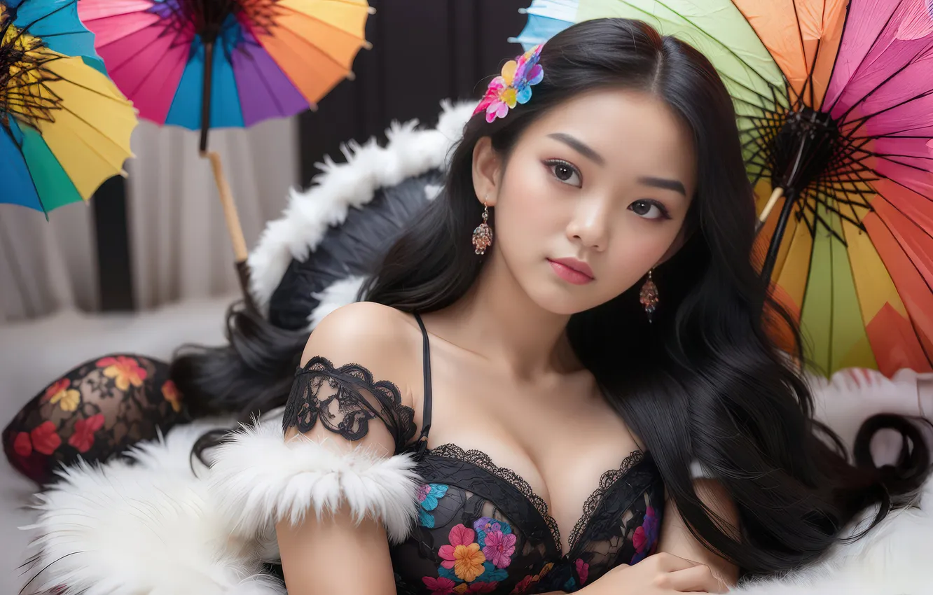 Photo wallpaper chest, look, girl, face, pose, portrait, umbrella, brunette