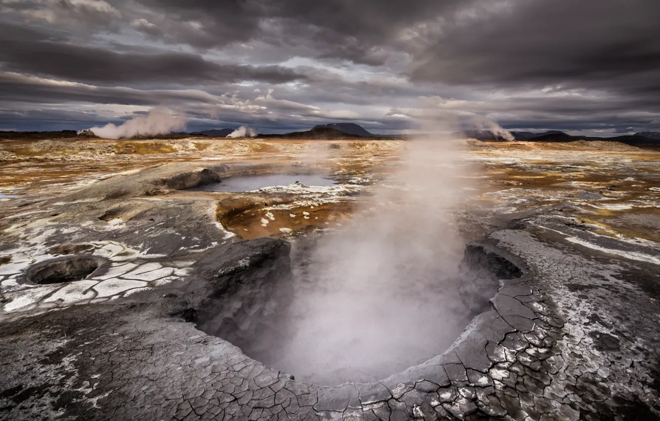 Photo wallpaper landscape, clouds, lake, smoke, pit, Iceland, sulfur