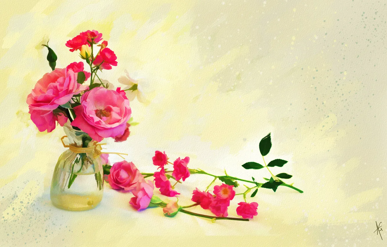 Photo wallpaper glass, water, flowers, sprig, background, figure, graphics, roses