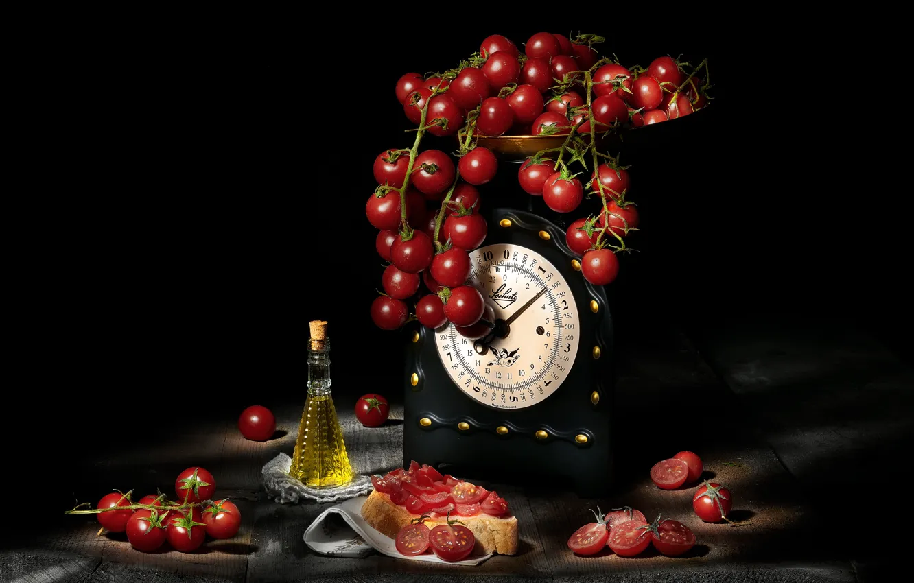 Photo wallpaper Board, oil, food, black background, still life, Libra, tomatoes, items