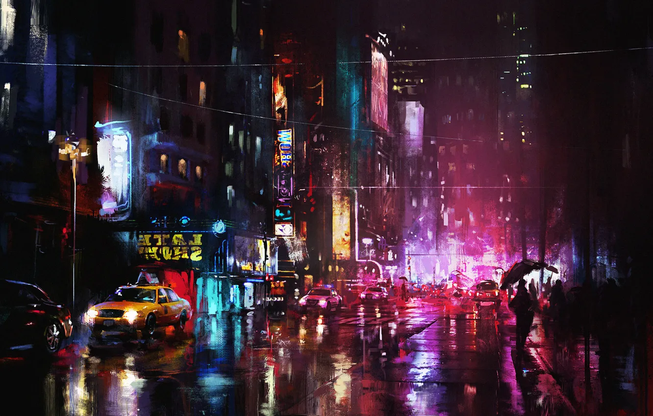 Photo wallpaper machine, night, the city, lights, street, home, art, passers-by