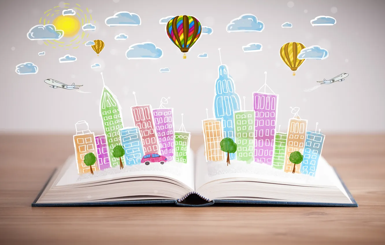 Photo wallpaper machine, clouds, trees, the city, building, the plane, open book