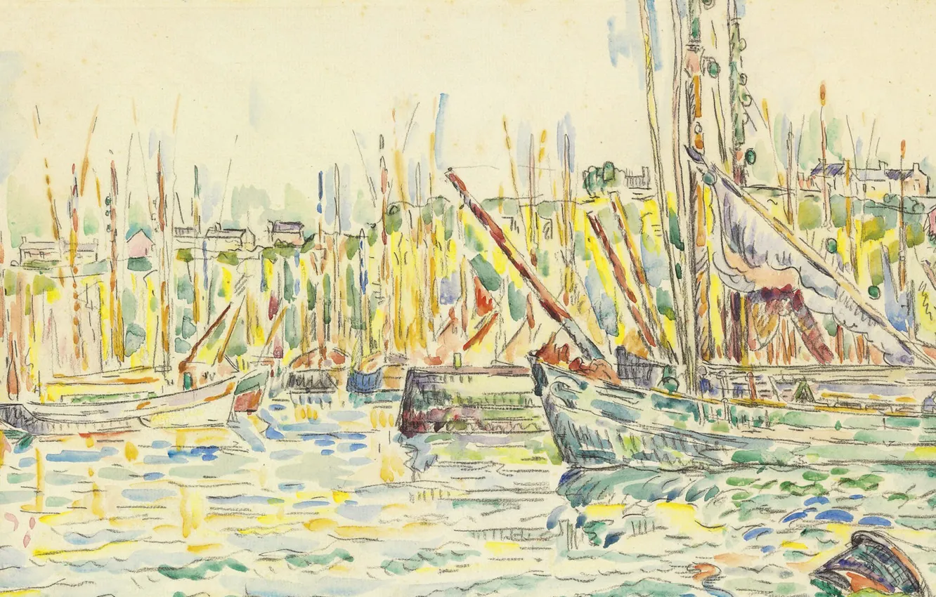 Photo wallpaper boat, figure, watercolor, harbour, Paul Signac, The Port Of Groix