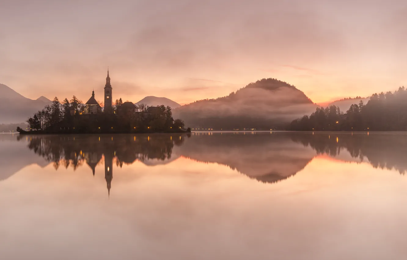 Photo wallpaper forest, mountains, lake, reflection, dawn, island, mystic, Slovenia
