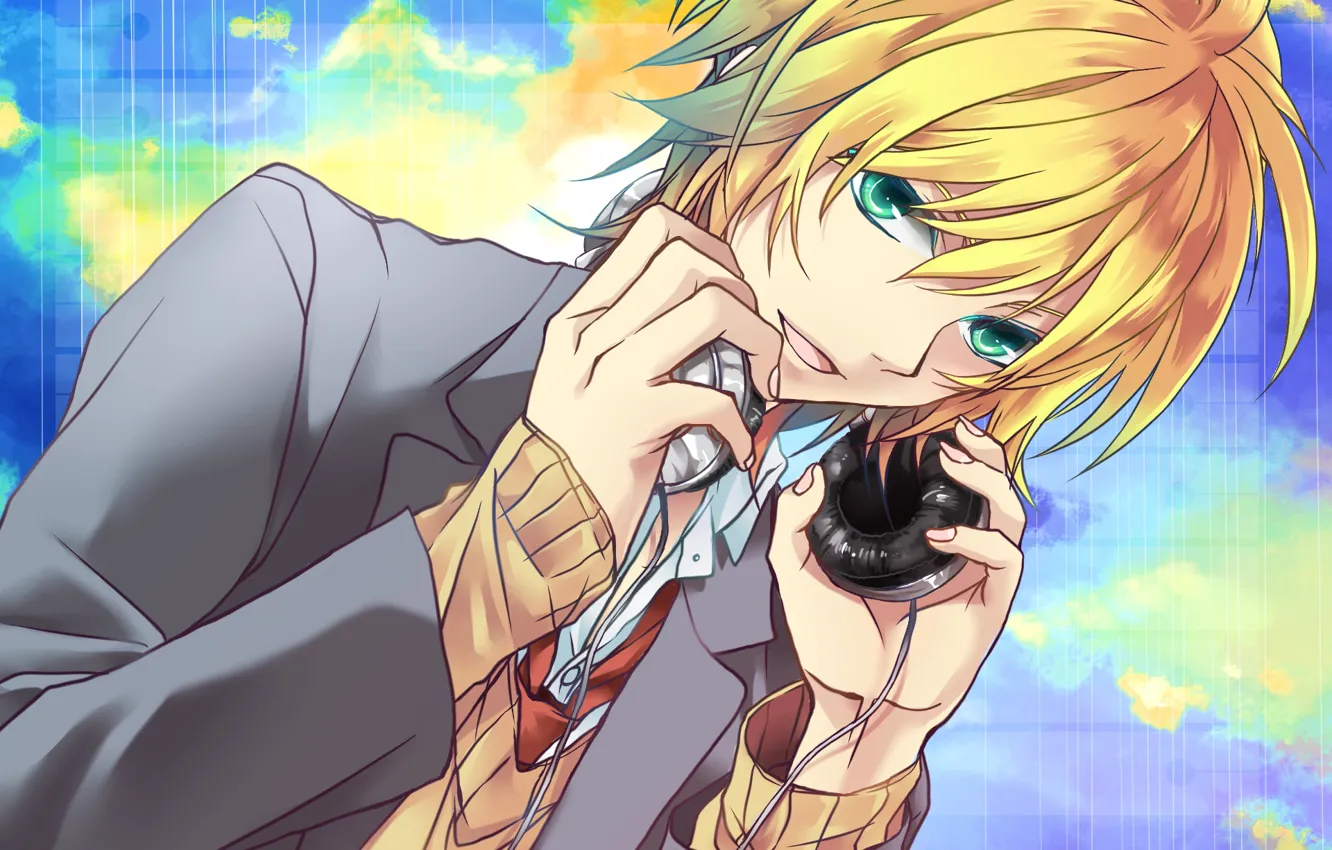 Photo wallpaper clouds, background, anime, headphones, art, guy, vocaloid, Vocaloid