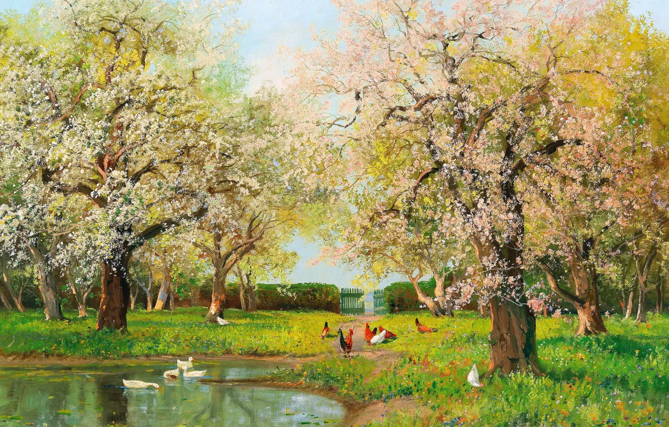 Photo wallpaper Trees, Picture, Alois Arnegger, Alois Arnegger, Austrian painter, Chickens, Large summer landscape with flowering trees