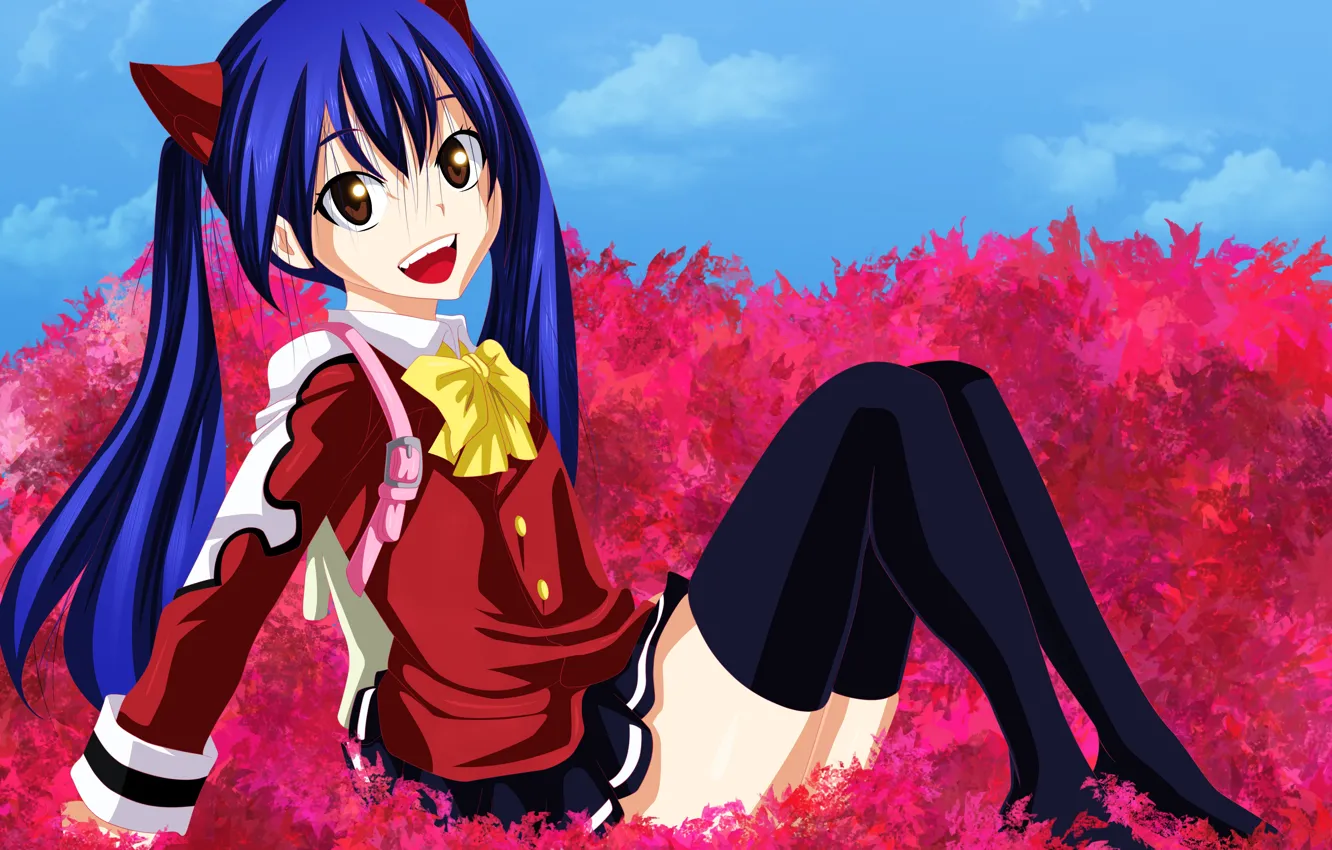 Photo wallpaper the sky, look, leaves, girl, clouds, smile, feet, stockings