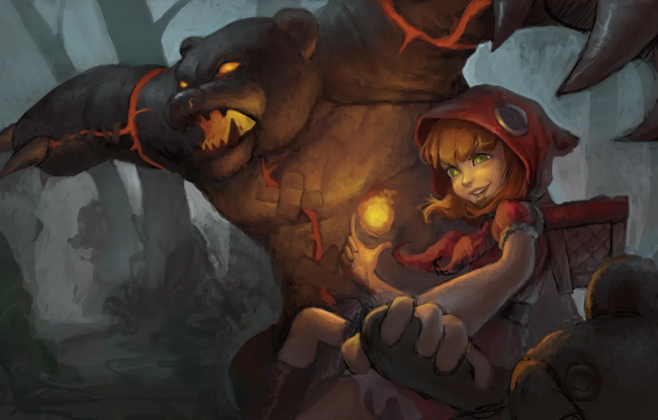 Photo wallpaper red, bear, girl, cap, Little Red, League of Legends, Annie, Dark Child
