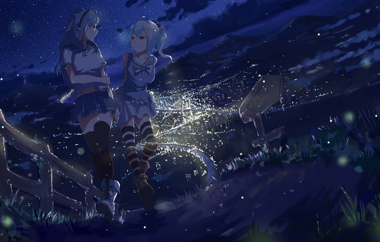 Photo wallpaper the sky, girl, stars, clouds, night, the city, lights, sign