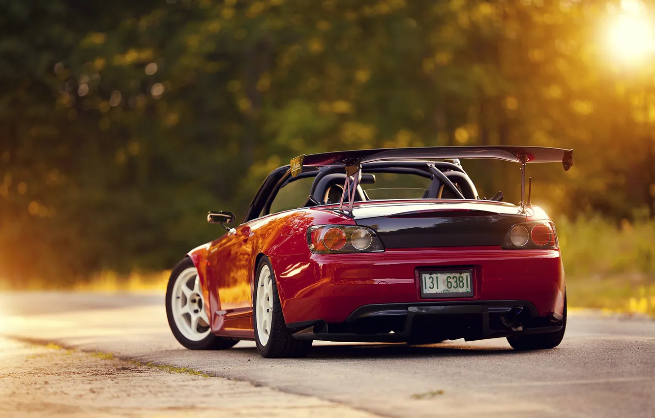Photo wallpaper asphalt, the sun, red, glare, red, spoiler, Roadster, Honda