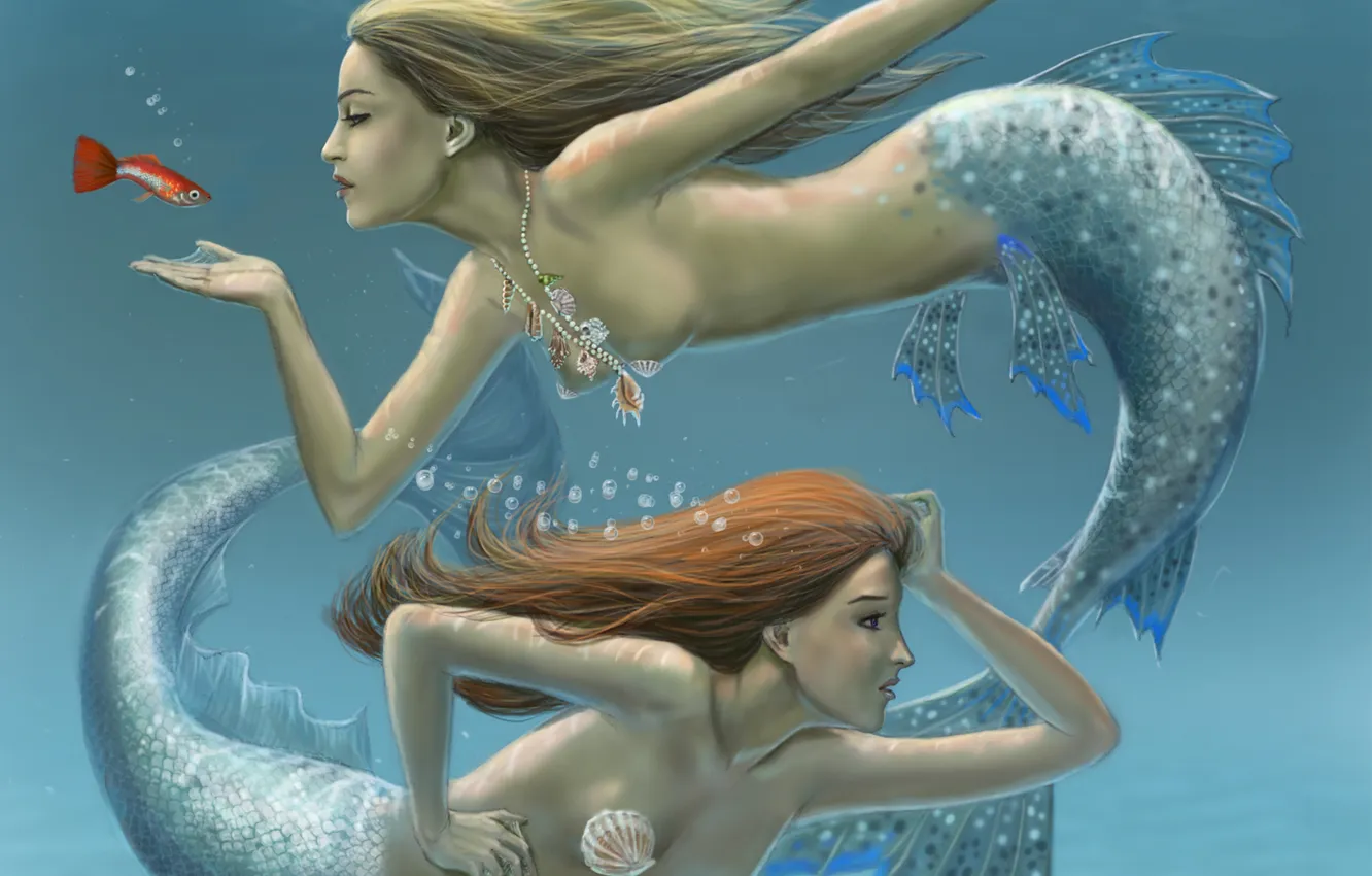 Photo wallpaper decoration, bubbles, fish, Mermaid, under water