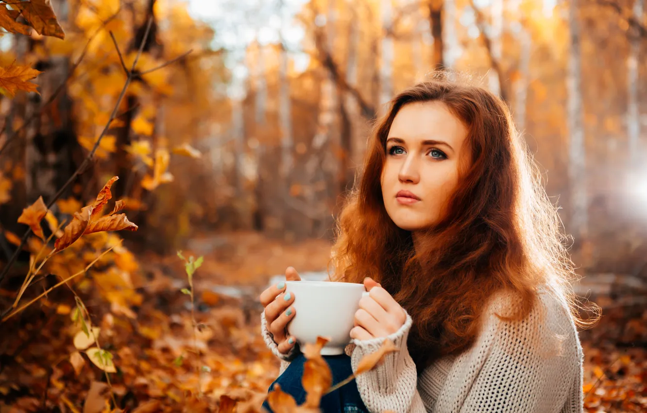 Photo wallpaper autumn, leaves, girl, branches, nature, jeans, mug, Cup