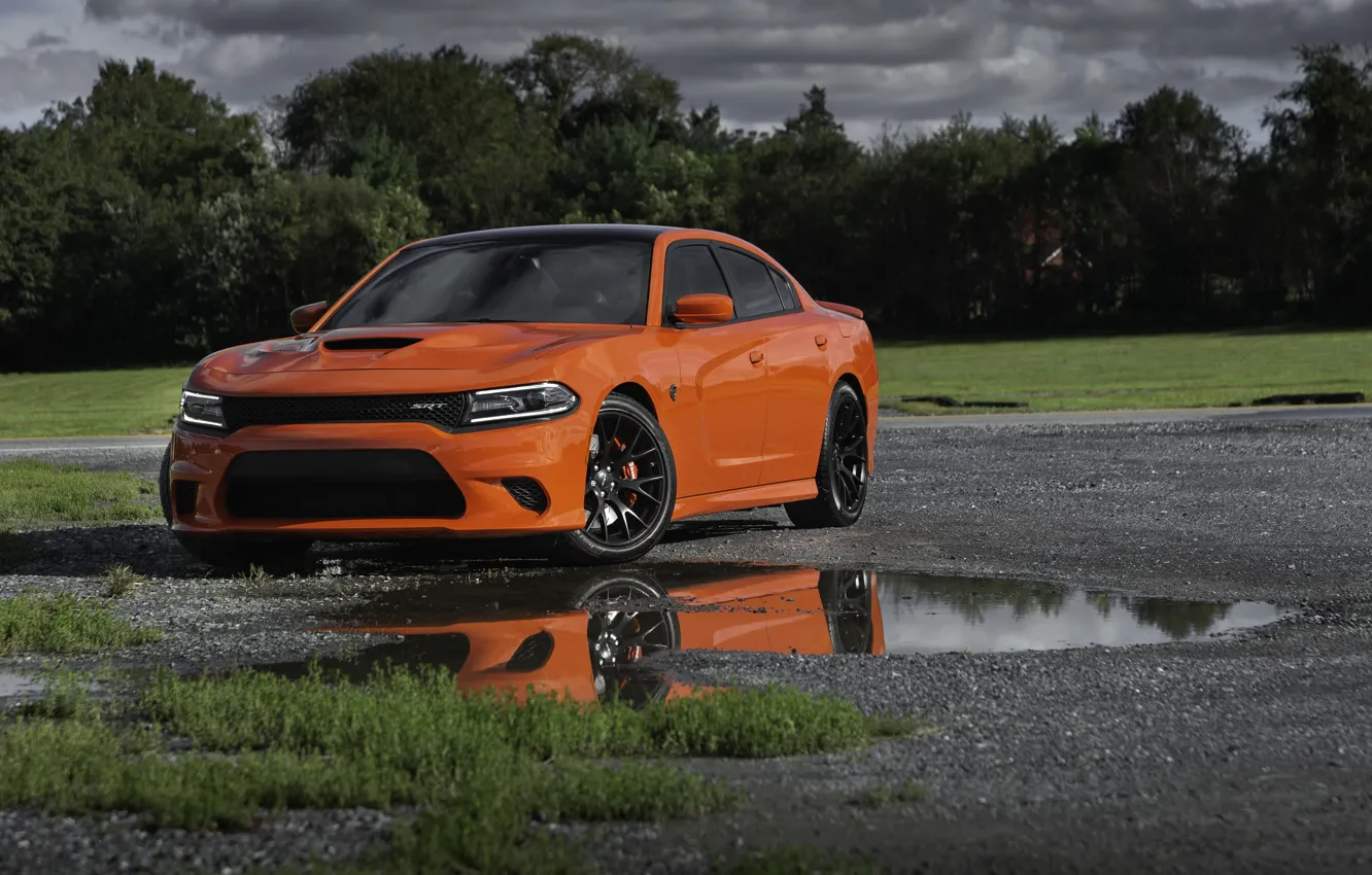 Photo wallpaper dodge, charger, orange, puddle, srt hellcat