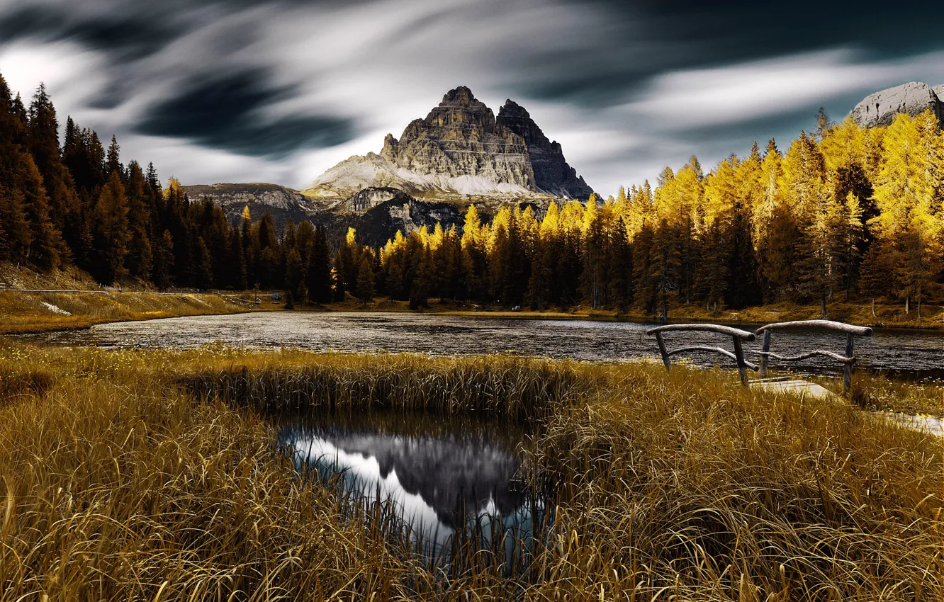 Photo wallpaper autumn, forest, trees, mountains, river, Italy, the bridge, The Dolomites