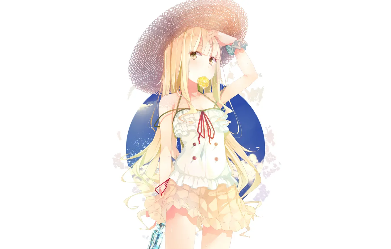 Photo wallpaper girl, background, straw hat, lemon slice