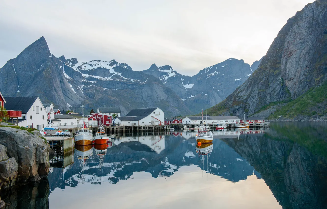 Photo wallpaper mountains, river, boat, home, sailboat, pier