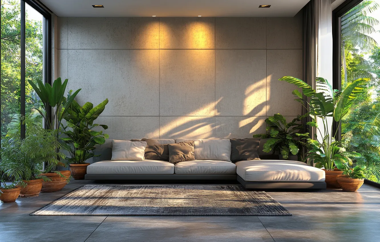 Photo wallpaper glass, light, flowers, room, sofa, wall, carpet, tile