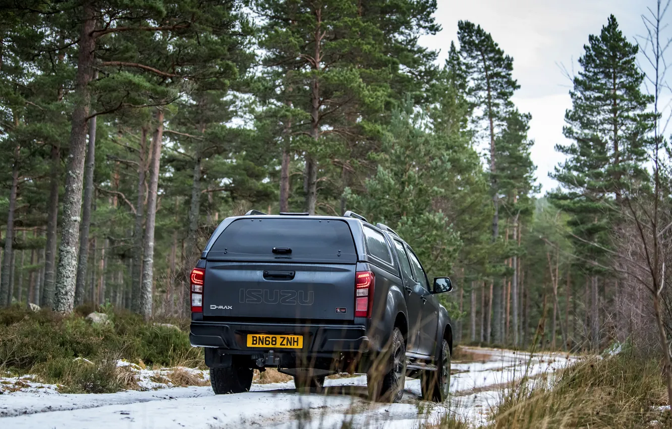 Photo wallpaper road, forest, snow, pickup, 2018, Isuzu, Huntsman, D-Max