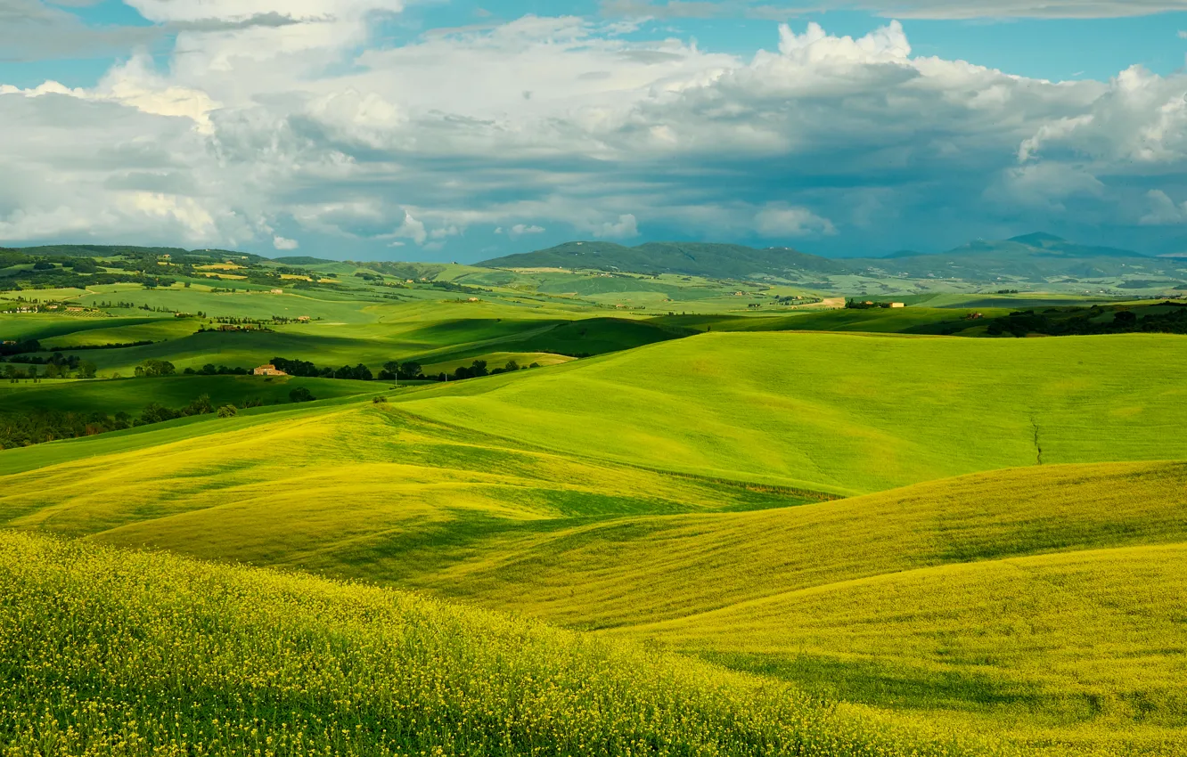 Photo wallpaper field, the sky, clouds, landscape, Italy, Tuscany hills; Nature