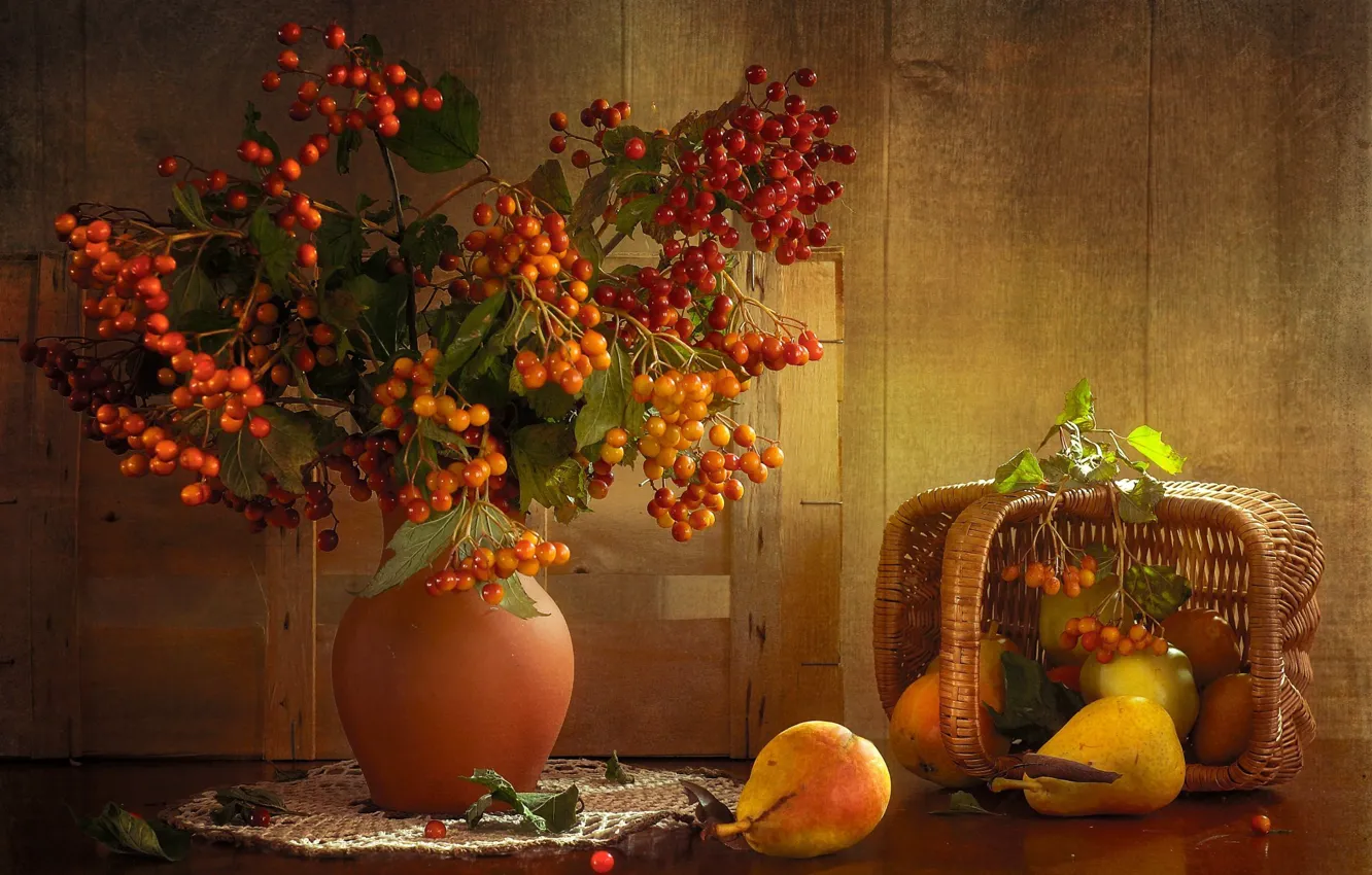 Photo wallpaper branches, berries, table, basket, vase, fruit, still life, pear