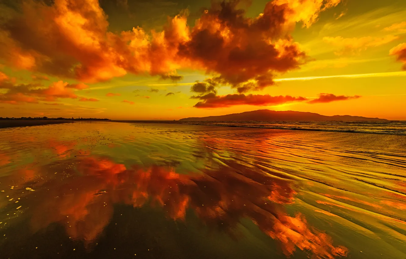 Photo wallpaper the sky, clouds, sunset, mountains, lake, reflection, glow