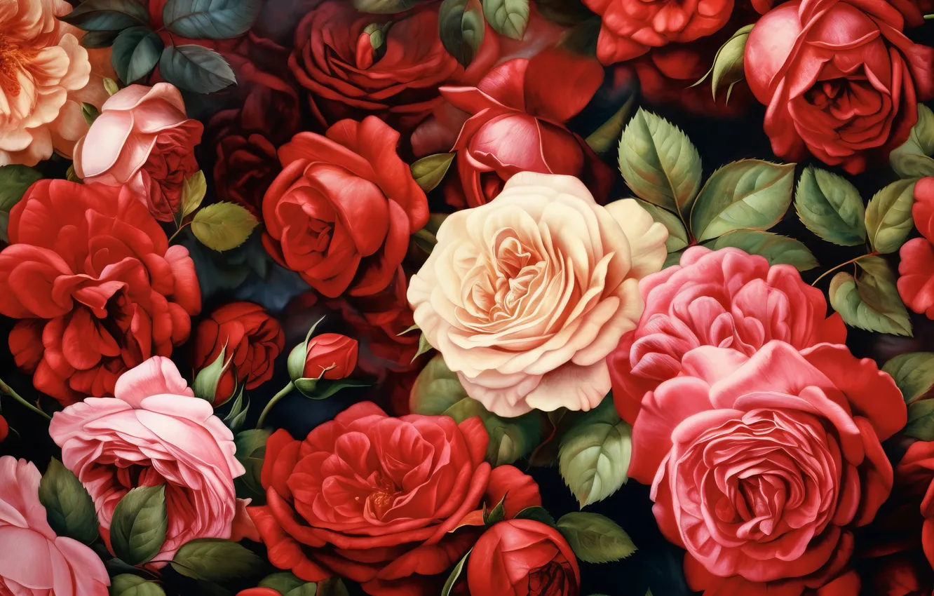 Photo wallpaper flowers, red, birthday, holiday, roses, bouquet, texture, cream