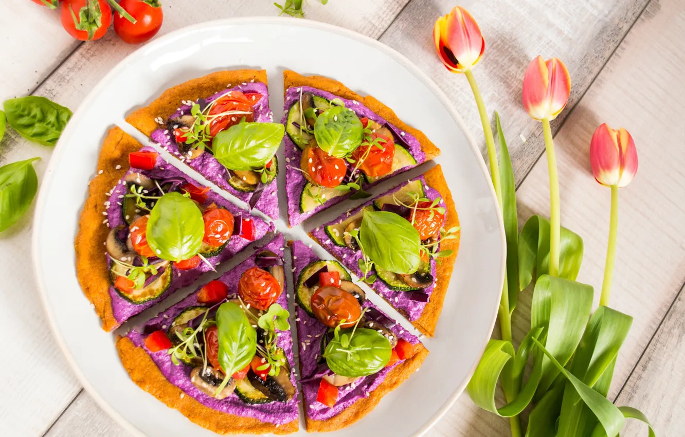 Photo wallpaper tulips, vegetables, pizza, tomatoes, Basil, vegan