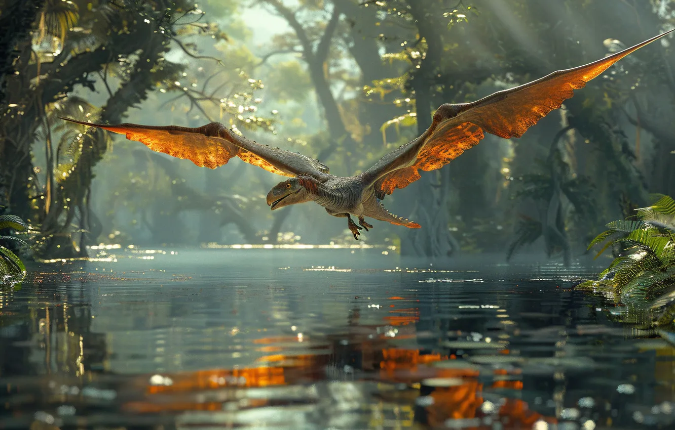 Photo wallpaper water, flight, animal, wings, dinosaur, jungle, pterodactyl, digital art