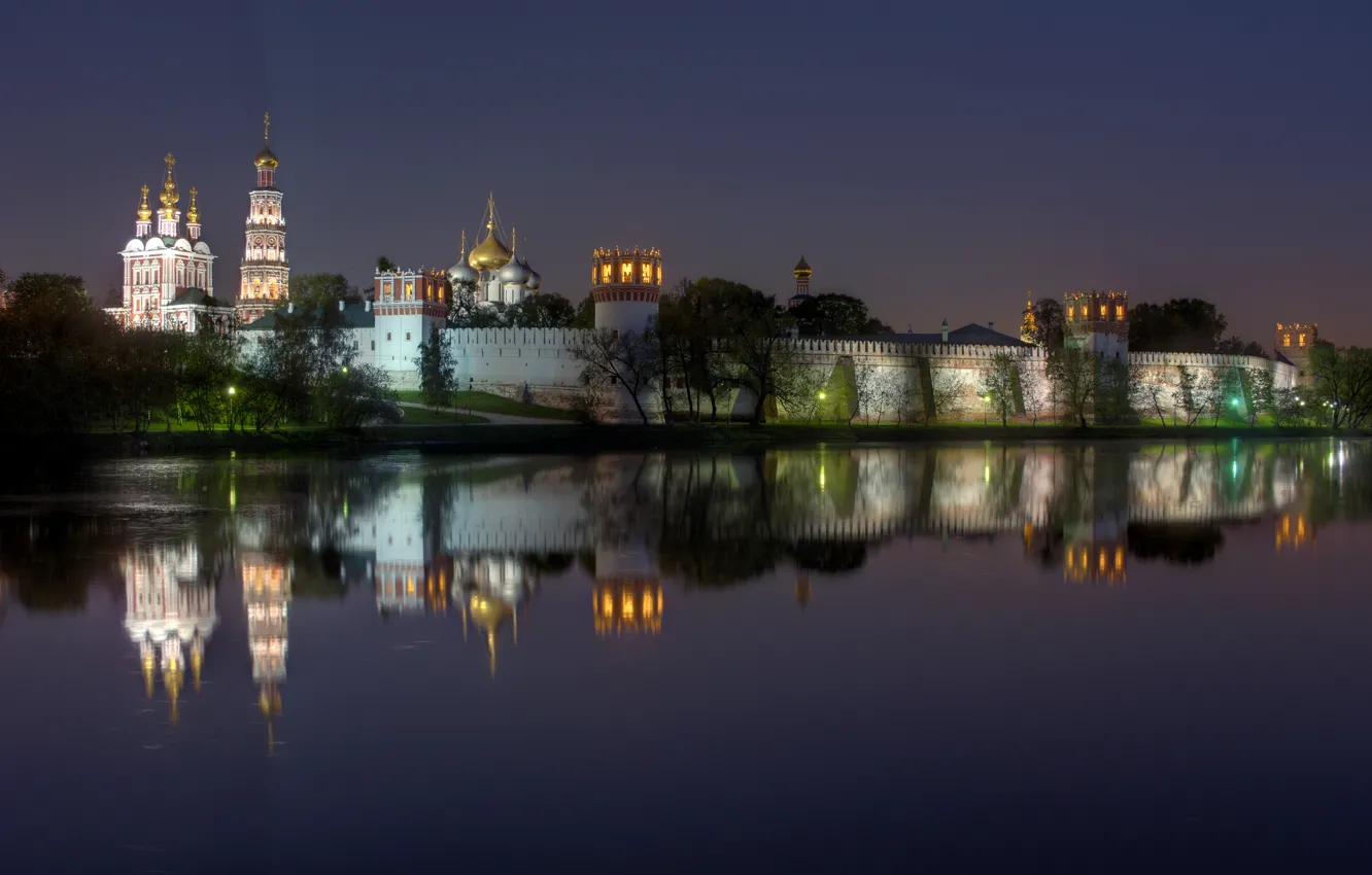 Photo wallpaper night, lights, reflection, river, wall, Moscow, tower, Russia